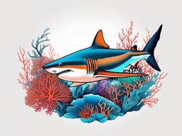 Tiger Shark and Coral tattoo,A Tiger Shark navigating vibrant coral reefs, blending power with natural beauty.  color tattoo style, minimalist, white background