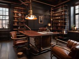 Steampunk study with exposed pipes, leather furniture, and vintage lighting creates a unique, industrial vibe.  