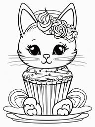 Kitty with a Cupcake and Candles Coloring Pages - Festive Kitty Ready to Celebrate  minimal black outline printable sheet, coloring page