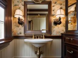 In the powder room, American Colonial interior design includes vintage fixtures, classic wallpaper, and tasteful decor that transform a small space into a charming experience.  