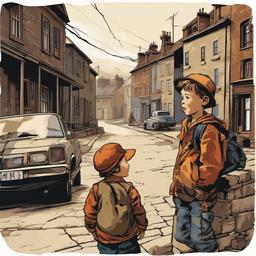 poor little boy and his little brother talking to the street where they lived clipart 