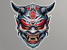 american traditional oni mask  simple color tattoo,white background,minimal