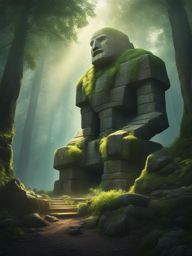 ancient stone golem guarding a hidden treasure deep within a mystical forest. 