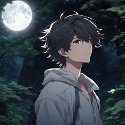 Mysterious anime boy in a moonlit forest. , aesthetic anime, portrait, centered, head and hair visible, pfp