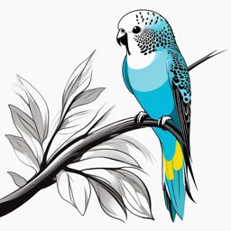 Budgerigar Tattoo - Playful budgerigar perched on a branch  few color tattoo design, simple line art, design clean white background