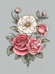 Carnation Rose and Daisy Tattoo,Charm of a floral trio in a tattoo featuring carnations, roses, and daisies, a sweet and delightful choice.  simple color tattoo,minimal vector art,white background