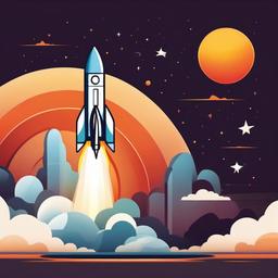 Rocket launching into the sunset clipart.  vector style illustration, white background