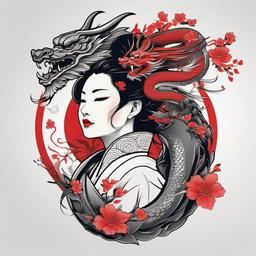 Geisha and Dragon Tattoo - Tattoo combining a geisha and dragon motif.  simple color tattoo,minimalist,white background