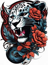 Panther and skull symbolism ink. Life and death intertwined in the wild.  color tattoo, white background