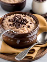 a serving of creamy chocolate rice pudding, with a velvety chocolate flavor. 