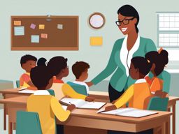 Dynamic clipart depicting a teacher actively teaching and engaging students.  color vector art,clipart,minimal