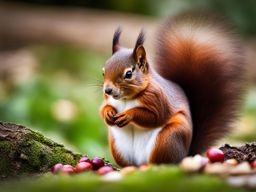 chubby red squirrel with its cheeks stuffed full of nuts. 