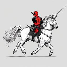 drawing of Deadpool riding a unicorn  minimal rough sketch scribbles,doodles,black and white