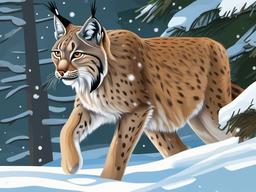 Lynx Cartoon - Cartoon of lynx prowling through snow  