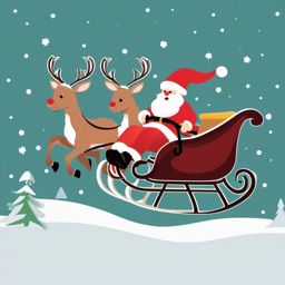 Santa on a sleigh clipart, Santa Claus joyfully riding in his sleigh with reindeer.  simple, 2d flat