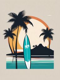 Surfboard and Palm Trees Clipart - A surfboard and palm trees on a tropical beach.  color vector clipart, minimal style