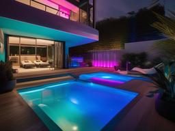 The pool area embraces cyberpunk interior design with modern loungers, colorful lighting, and urban-inspired decor that creates a vibrant atmosphere for summer enjoyment.  