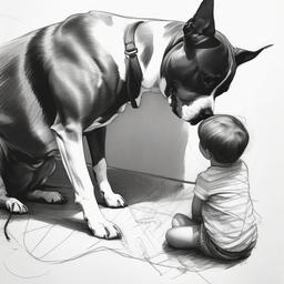 drawing of a pitbull and a child playing  minimal rough sketch scribbles,doodles,black and white