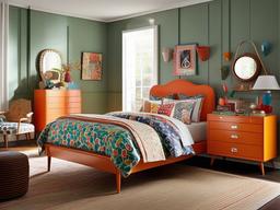 Retro bedroom features colorful bedding, playful patterns, and vintage-inspired furniture that brings a fun, nostalgic vibe to the space.  