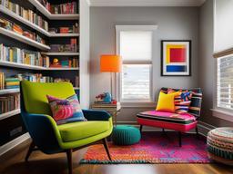 In the reading nook, Pop Art interior design highlights a cozy chair, a mix of bold throws, and playful decor that create a perfect space for enjoying books and reflection.  