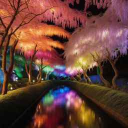 kawachi fuji garden - paint the dreamlike night scene of the kawachi fuji garden, with its illuminated wisteria tunnels creating a magical, colorful world. 