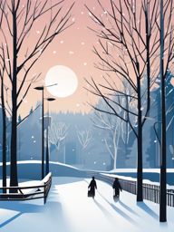 Winter Morning Walk clipart - Morning walk in a snowy park, ,vector color clipart,minimal