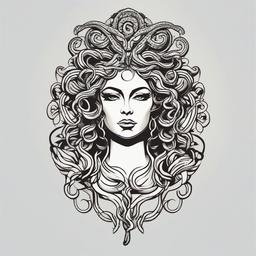 Full Body Medusa Tattoo - Make a bold statement with a full-body Medusa tattoo, showcasing the intricate details of this mythical figure.  simple vector color tattoo,minimal,white background