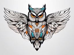 Modern, geometric owl tattoo wings.  color tattoo style, minimalist design, white background