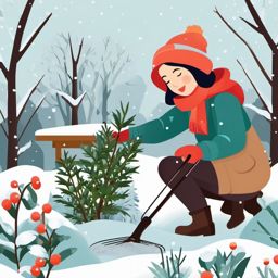 Winter Gardening clipart - Tending to plants in a winter garden, ,vector color clipart,minimal