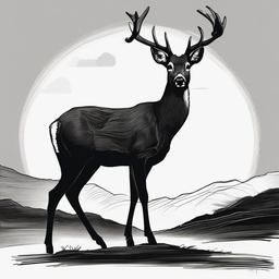 drawing of a deer in the sunset  minimal rough sketch scribbles,doodles,black and white