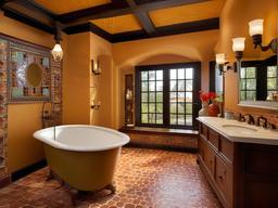 Spanish Revival bathroom incorporates warm colors, decorative tiles, and vintage fixtures for a vibrant and inviting atmosphere.  