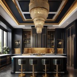 Art Deco Glamour - Incorporate the glamour and geometric style of art deco. , kitchen layout design ideas, multicoloured, photo realistic, hyper detail, high resolution,