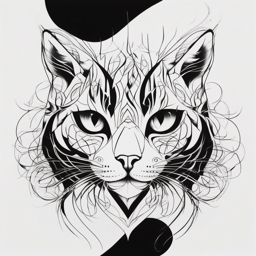 Deep connection to feline nature with an abstract cat roots tattoo, a profound masterpiece.  black white outline tattoo, white background