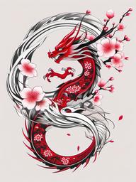 Cherry Blossom Japanese Dragon Tattoo - Dragon and cherry blossom fusion in Japanese style.  simple color tattoo,white background,minimal