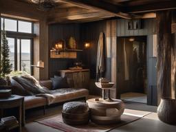 In the entryway, Post-Apocalyptic interior design showcases a mix of salvaged materials, muted colors, and rugged decor that provides a strong and inviting welcome to guests.  