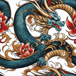 Dragon Asian tattoo, Artistic tattoos that combine the beauty of dragons with an Asian flair.  color, tattoo style pattern, clean white background