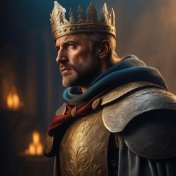 king arthur hyperrealistic, splash art, concept art, mid shot, intricately detailed, color depth, dramatic, 2/3 face angle, side light, colorful background