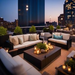 Rooftop Patio Lounge - Rooftop patio lounge with comfortable seating and skyline views. realistic, professional photography, bokeh, natural lighting, canon lens, shot on dslr 64 megapixels sharp focus