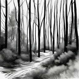 drawing of trees in a forest  minimal rough sketch scribbles,doodles,black and white