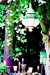 enchanted forest dining room with fairy lights and woodland decor. 