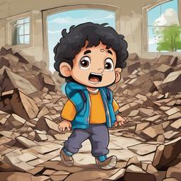 a child in the middle of earthquake  , vector illustration, clipart