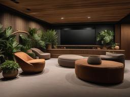 Biophilic interior design in the media room includes comfortable natural fiber seating, earthy tones, and indoor plants, enhancing the movie experience with a sense of nature.  