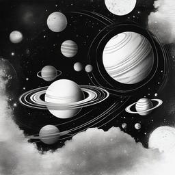 drawing of space with planets  minimal rough sketch scribbles,doodles,black and white