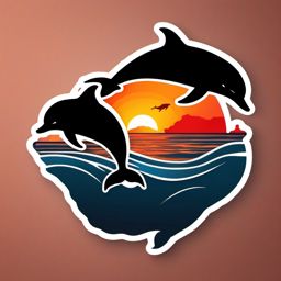Sunset Dolphin Silhouette Sticker - A silhouette of dolphins leaping against a fiery sunset, ,vector color sticker art,minimal