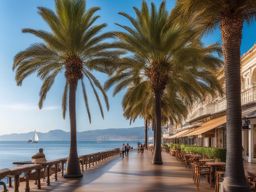 stroll along the promenade of a seaside resort, with palm trees and waterfront cafes. 