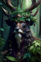 forest druid with earthy attire, communing with wildlife and the spirits of the land. 