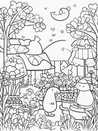 Kawaii Garden Coloring Pages - Cute Characters Tending to Their Gardens  minimal black outline printable sheet, coloring page