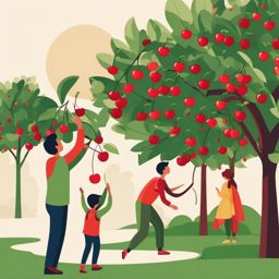 Cherry Picking Clipart - People picking ripe cherries from the tree.  color vector clipart, minimal style