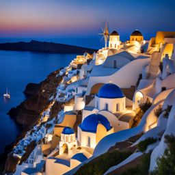 santorini, greece - paint the iconic blue-domed churches and white buildings of santorini against the backdrop of a starry night. 