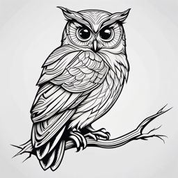 Owl Tattoo - Wise owl perched on a branch, a tribute to knowledge and intuition  few color tattoo design, simple line art, design clean white background